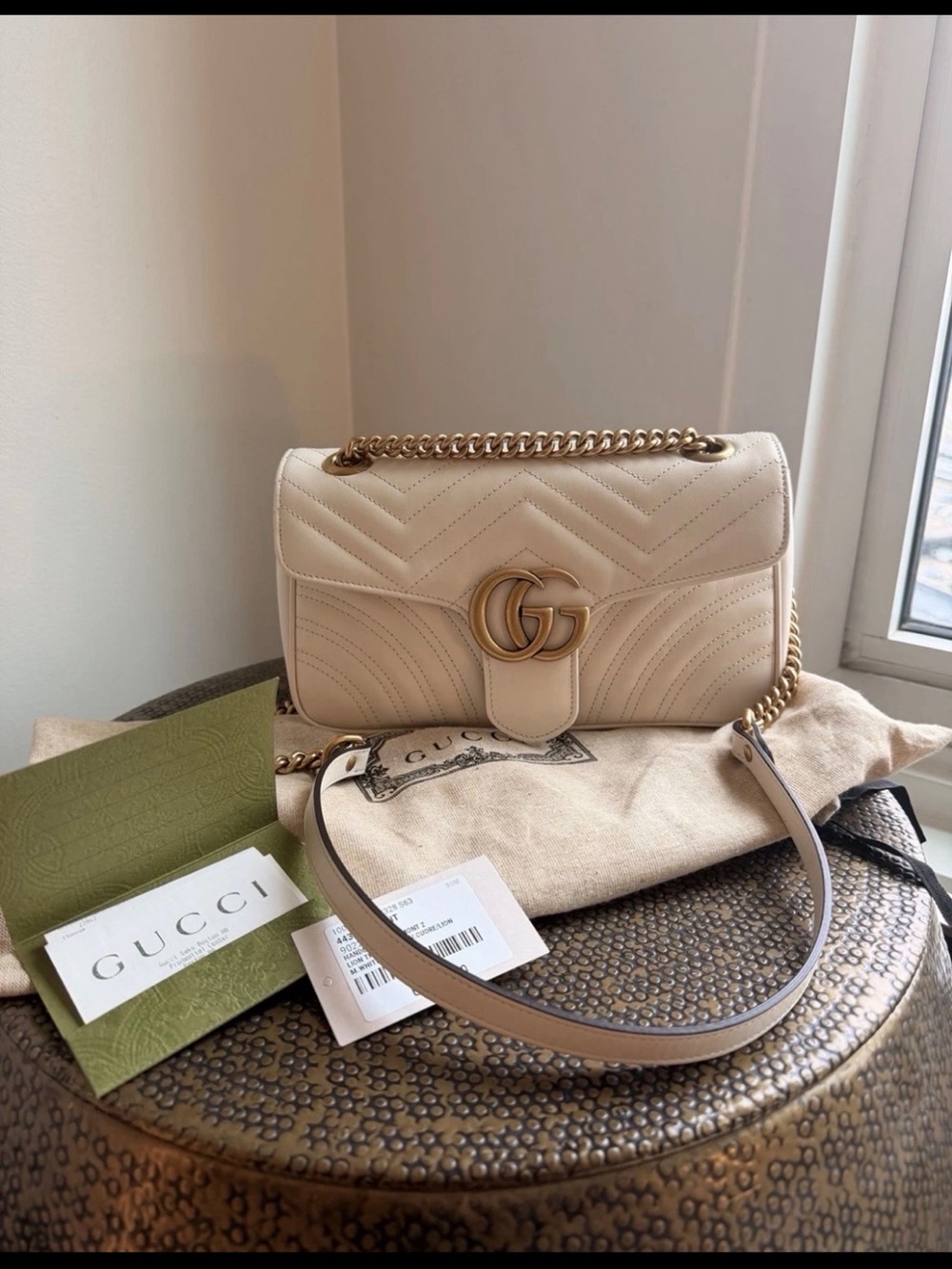 Gucci Cream Leather GG Marmont Shoulder Bag with Gold Chain
